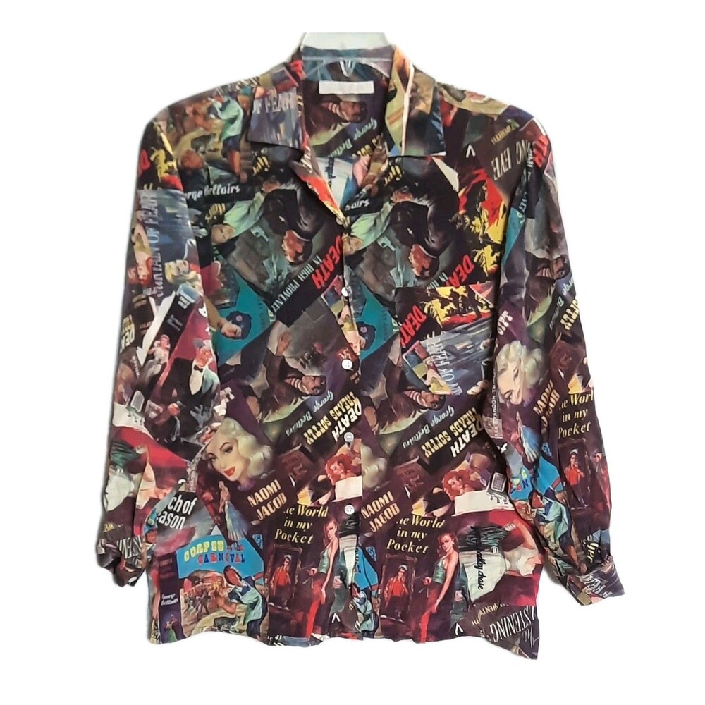VTG RARE L'AUTRE CHOSE Luxury Silk Blouse Pulp Fiction Novel Book Cover Print S